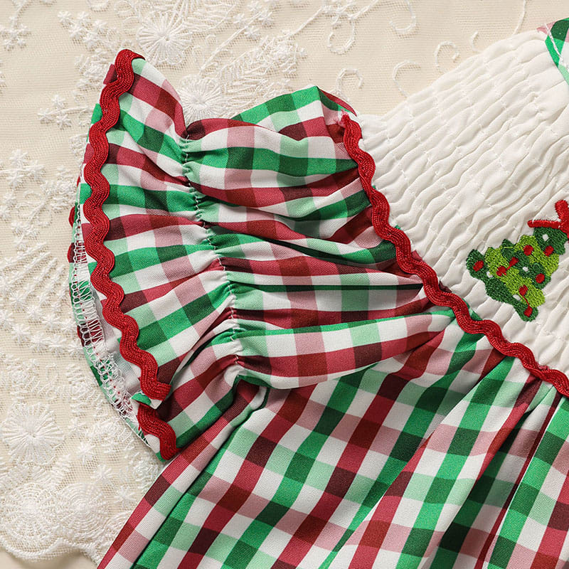 Toddler Infant Baby Girls Christmas Dress Short Sleeve Christmas Tree Embroidered Plaid Casual Party Dresses view 9