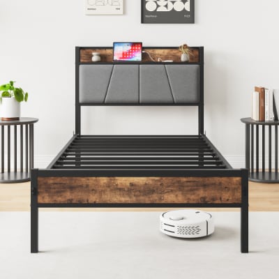 Twin Size Bed Frame, Storage Headboard With Charging Station, Solid And Stable, No Box Spring Needed, Easy Assembly view 8