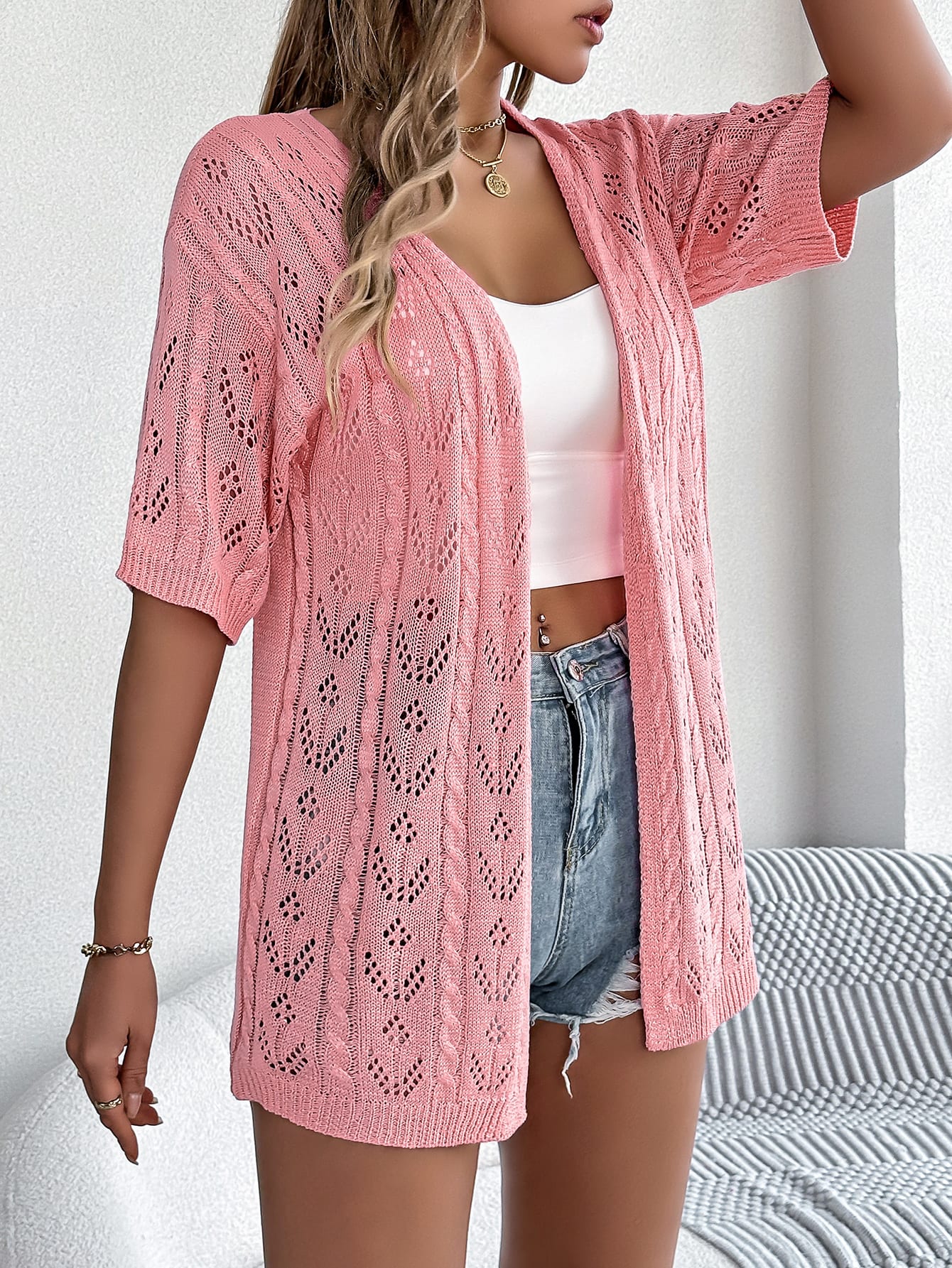 Women S Hollow Out Short Sleeve Knit Cardigan Vacation Cover-Up view 13