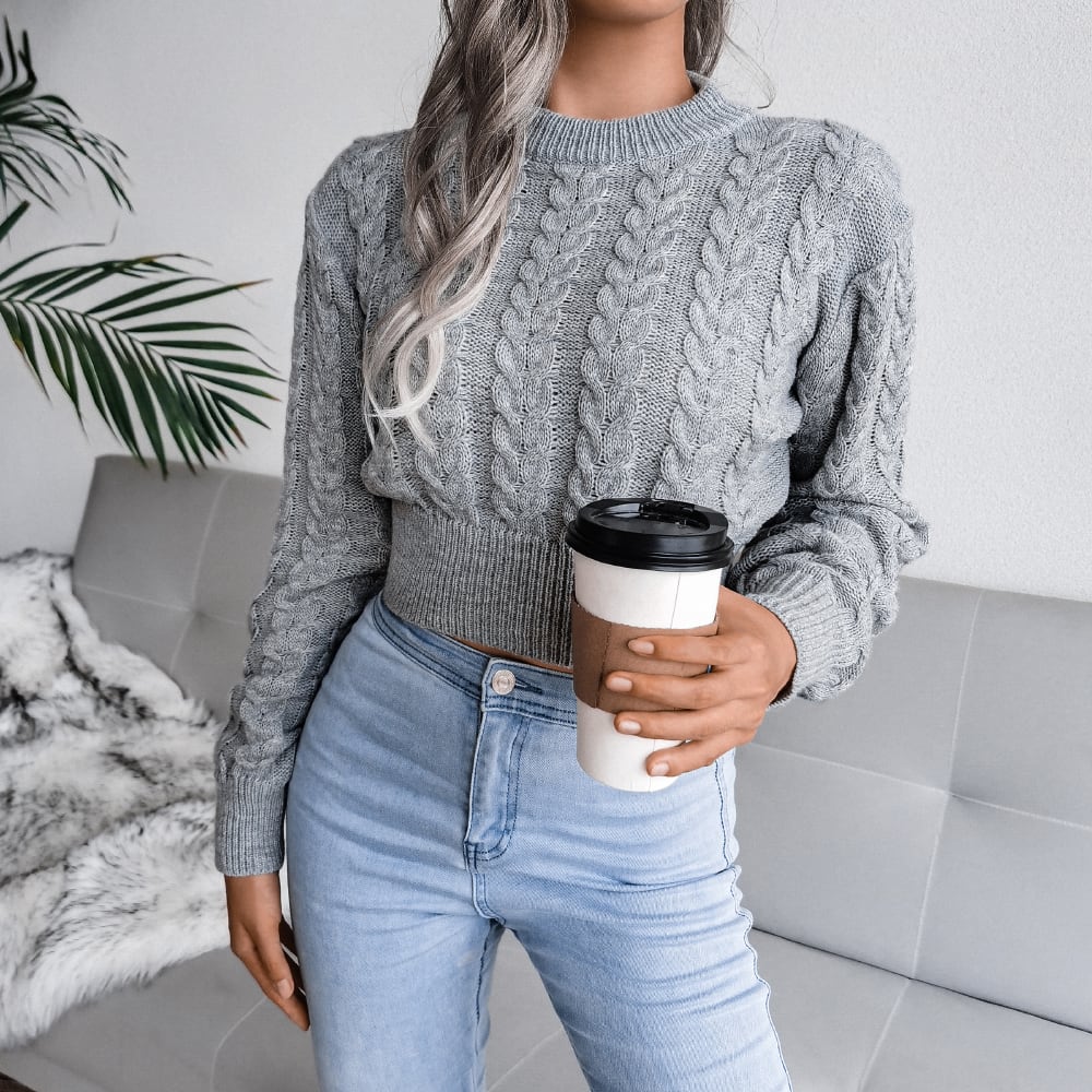 Cable Knit Waist Cinched Cropped Sweater view 13