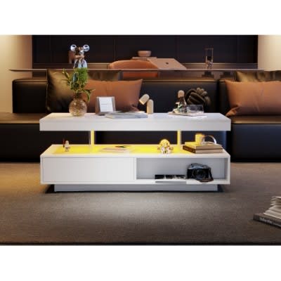 Led Coffee Table With 2 Drawer Storage, High Gloss Coffee Table For Living Room Open Storage Space Centre Table With 16-Color Led Lights,End Table For Home Office Furniture, White view 3