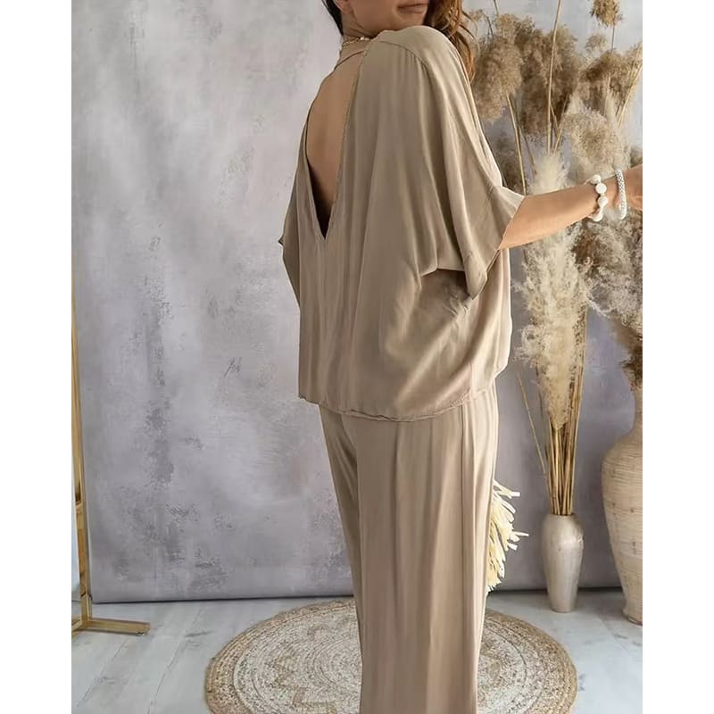 Women's 2 Piece Outfit, Casual Solid Color V-Neck Half Sleeve Top And Wide Leg Pants Lounge Set view 7