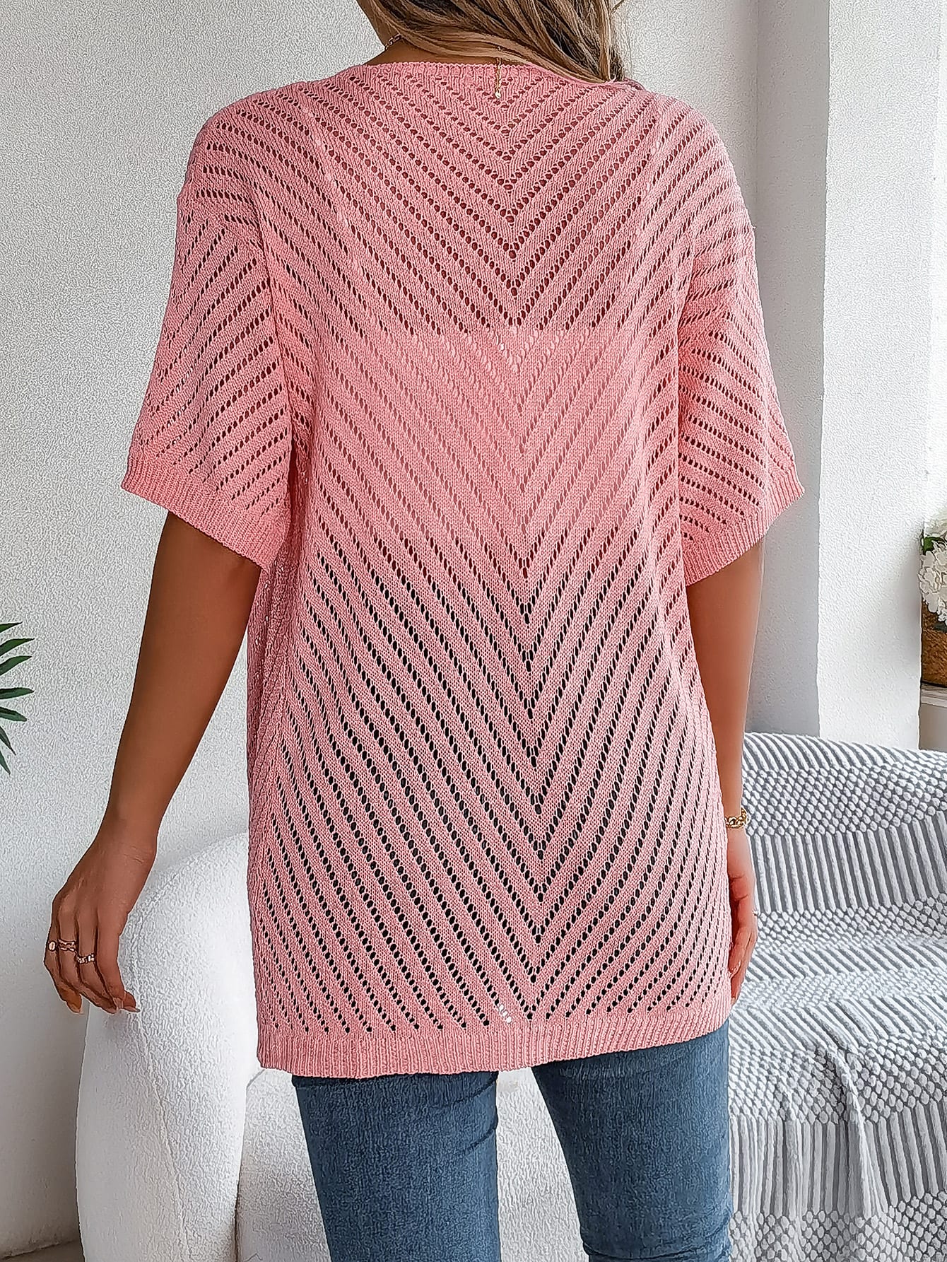 Women S Vertical Stripe Hollow Out Short Sleeve Knit Cardigan Cover-Up view 10
