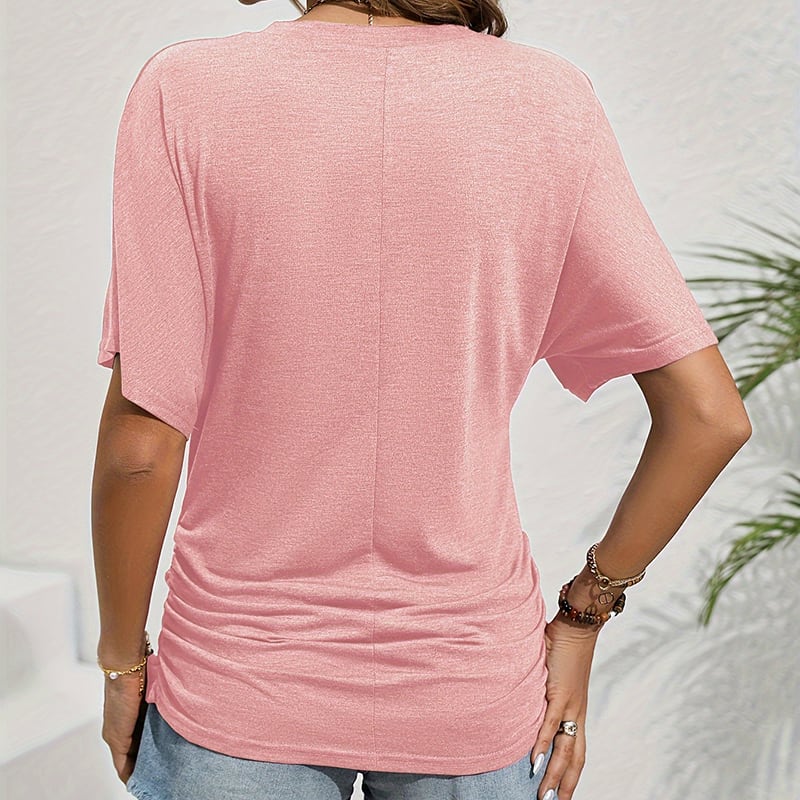 Women's Slim-Fit Ruched Short Sleeve T-Shirt Crewneck Casual Fitted Top view 41