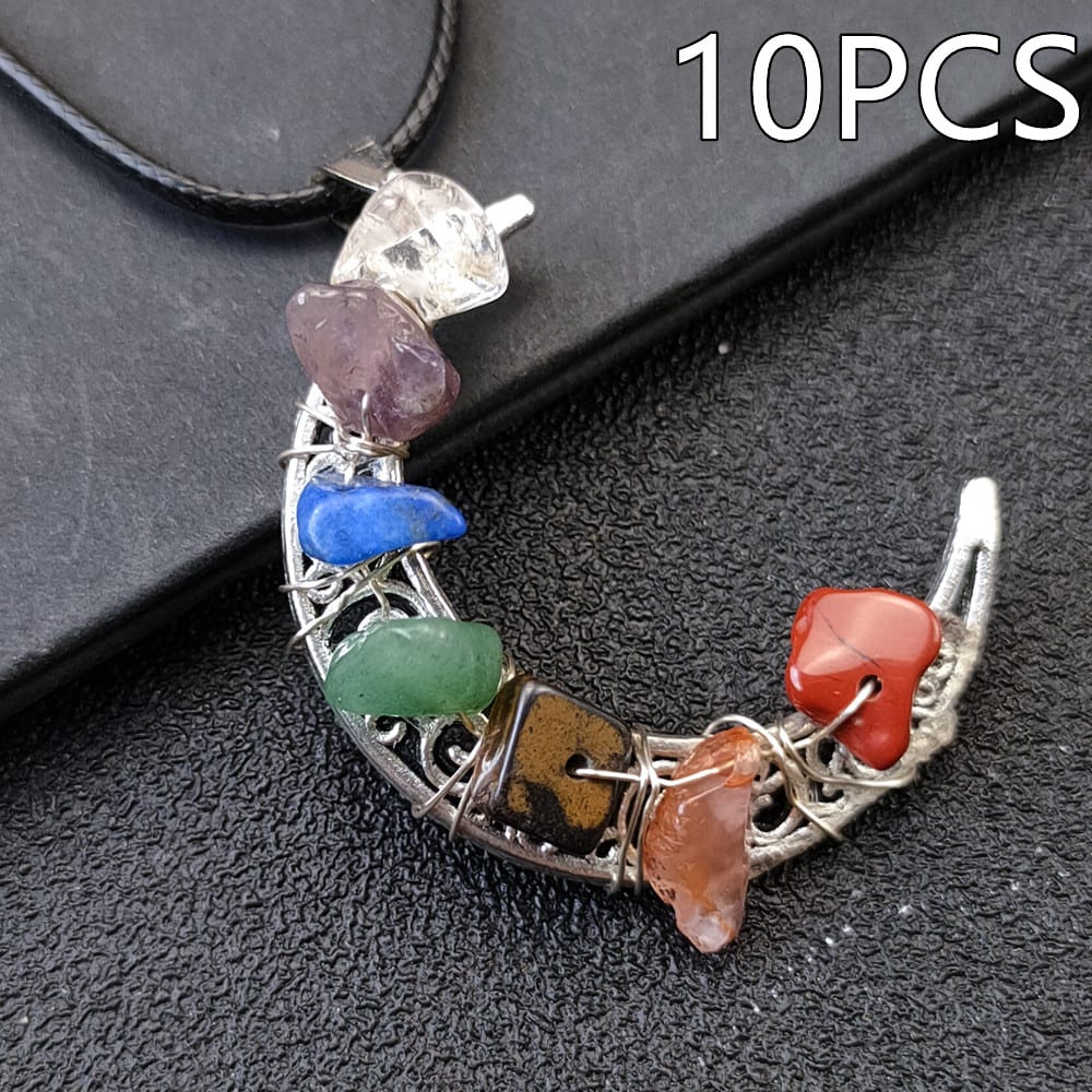Crystal Stone Seven Chakras Moon Pentagram Necklace view 10