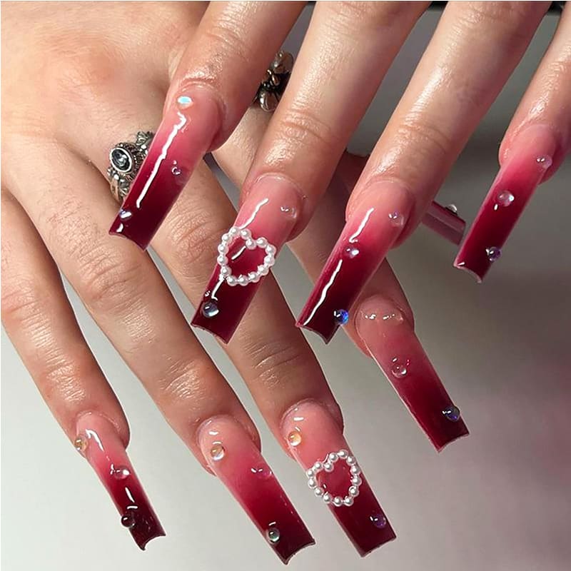 24 PCS Red Heart Nail Art, Long Length Long Water Pipe Fake Nails,Square Head Nail Tips False Nail view 2