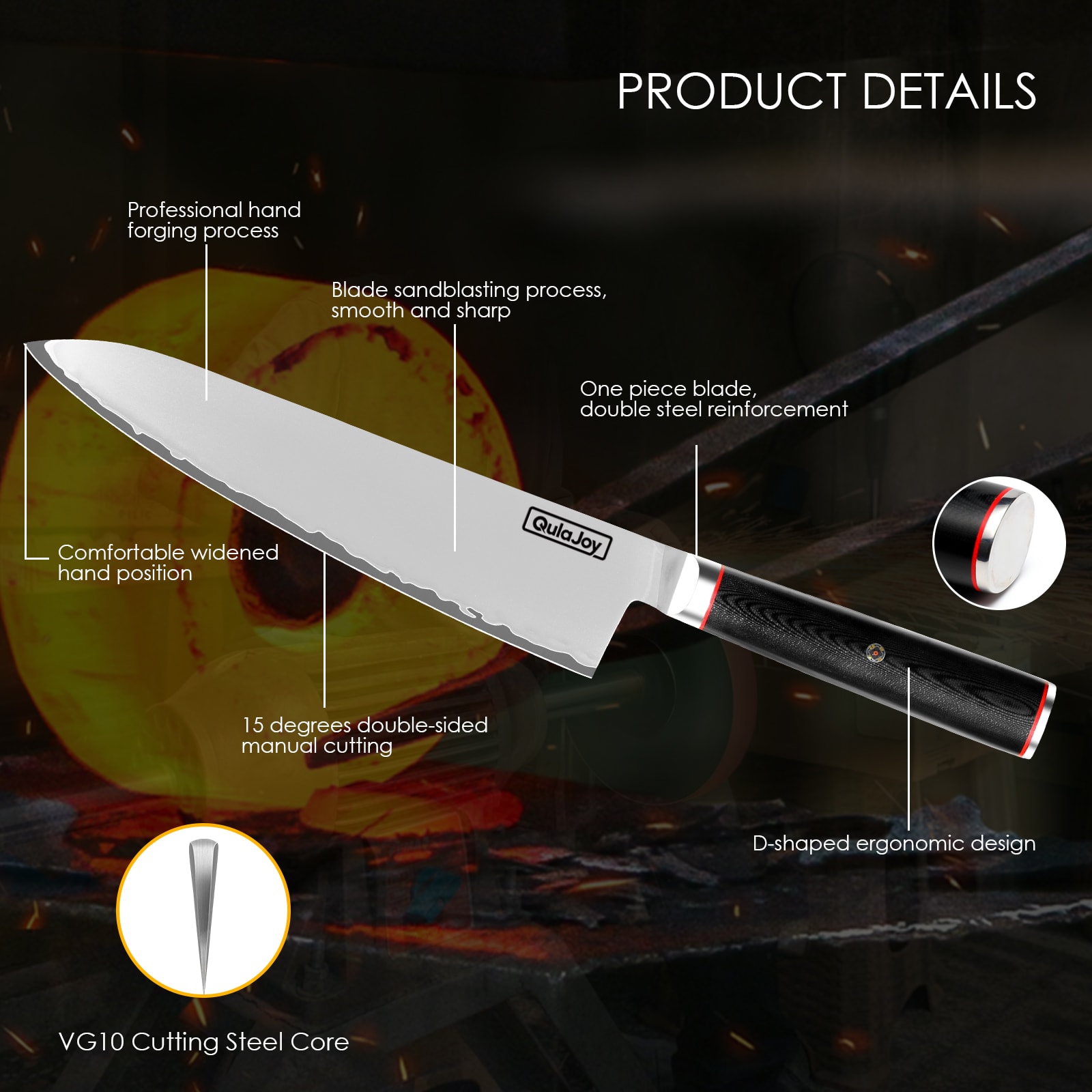 Qulajoy VG10 Chef Knife, Japanese 10Cr15MoV Steel Chefs Knives, Slicing Knife For Meat Vegetable view 4