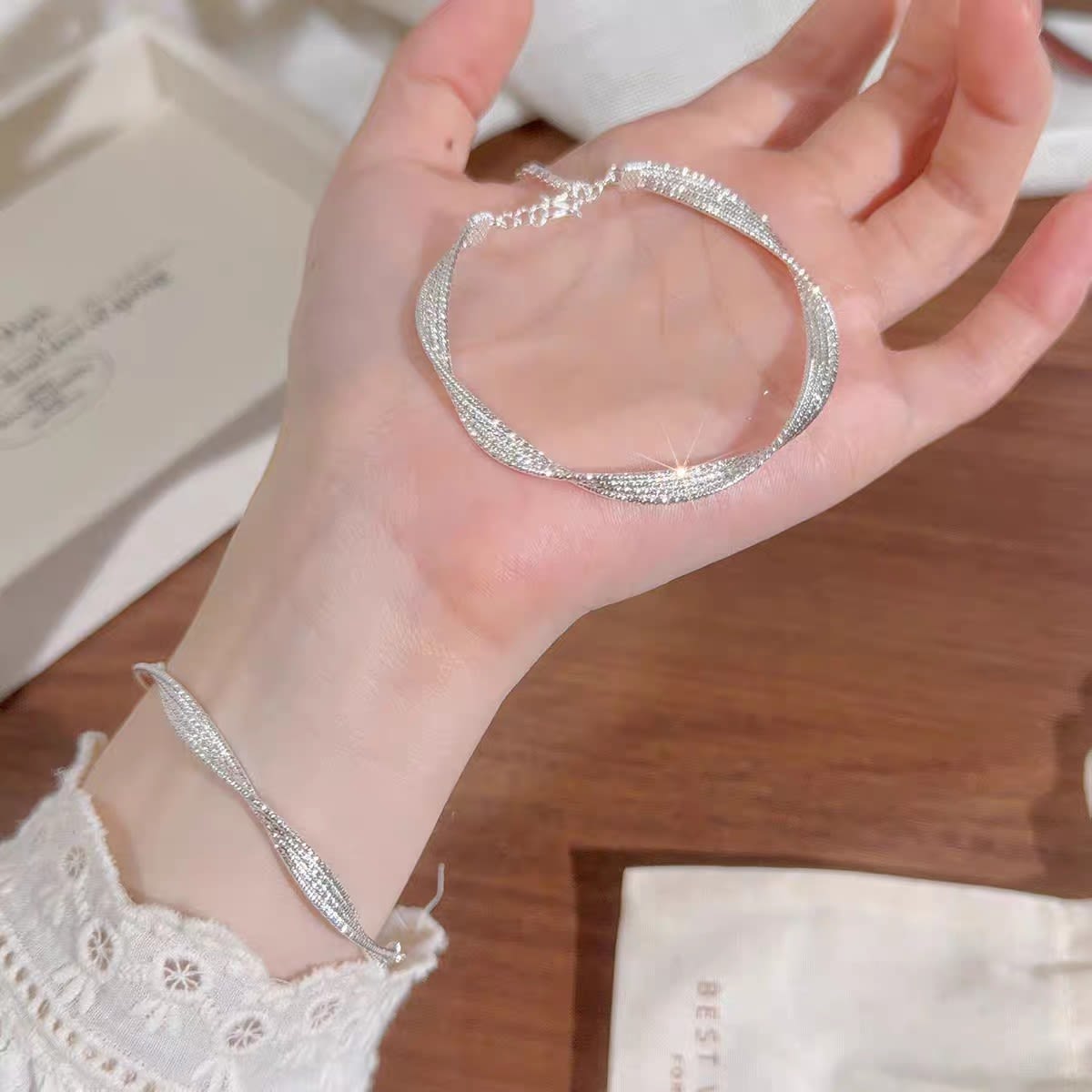 1pc 999.9 Sterling Silver Twisted Mesh Bangle, Luxurious Minimalist Style, Perfect For Daily Wear & Valentine's Gifts view 7