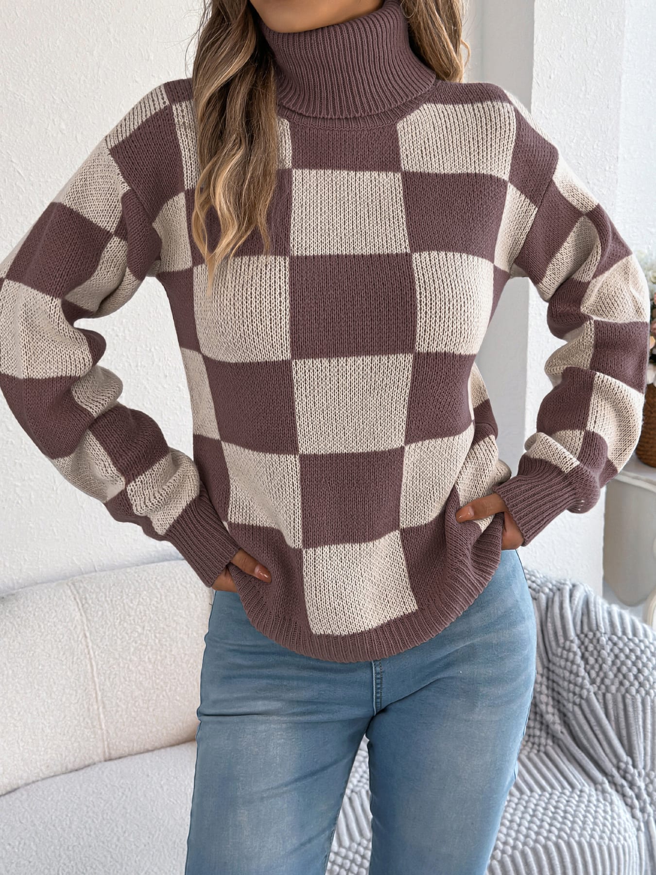 Women's High Neck Color-Blocked Plaid Lantern Sleeve Sweater view 3