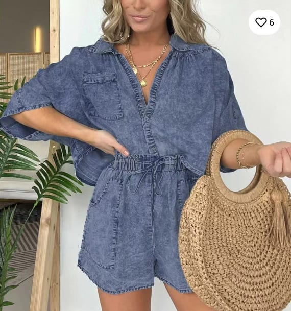 2pcs Loose Denim Suits Summer Casual Bat Sleeve Shirt And Drawstring Shorts With Pockets Women's Set view 4