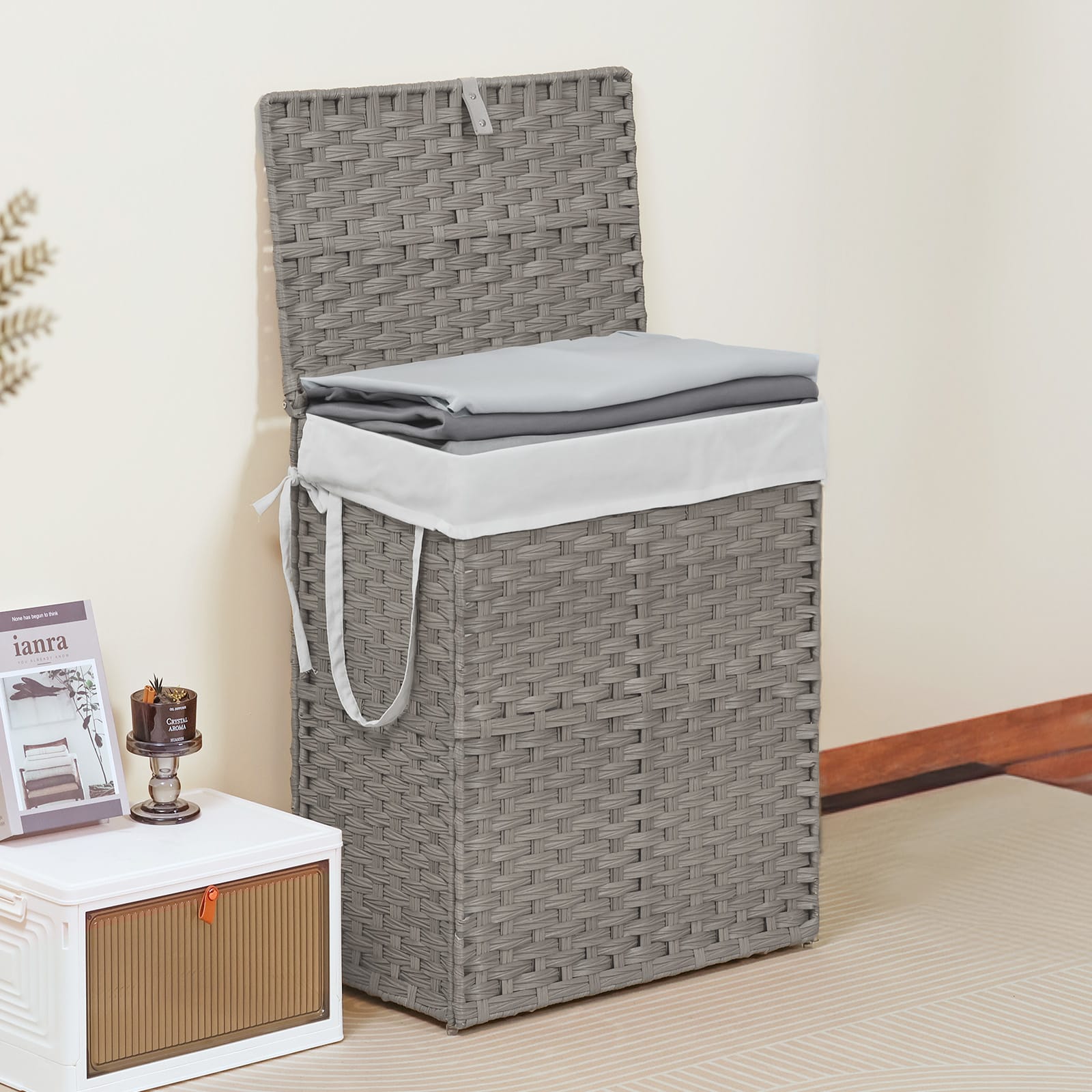 Laundry Basket With Lid, 110 L Hand-Woven Pp Rattan Laundry Basket With Compartments & Handles, Foldable, Removable Liner view 11