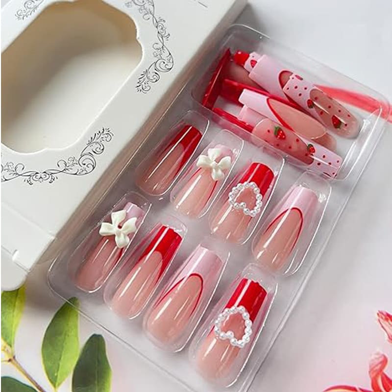 24 PCS Strawberry Bow Nail Art, Long Length Long Water Pipe Fake Nails,Square Head Nail Tips False Nail view 9