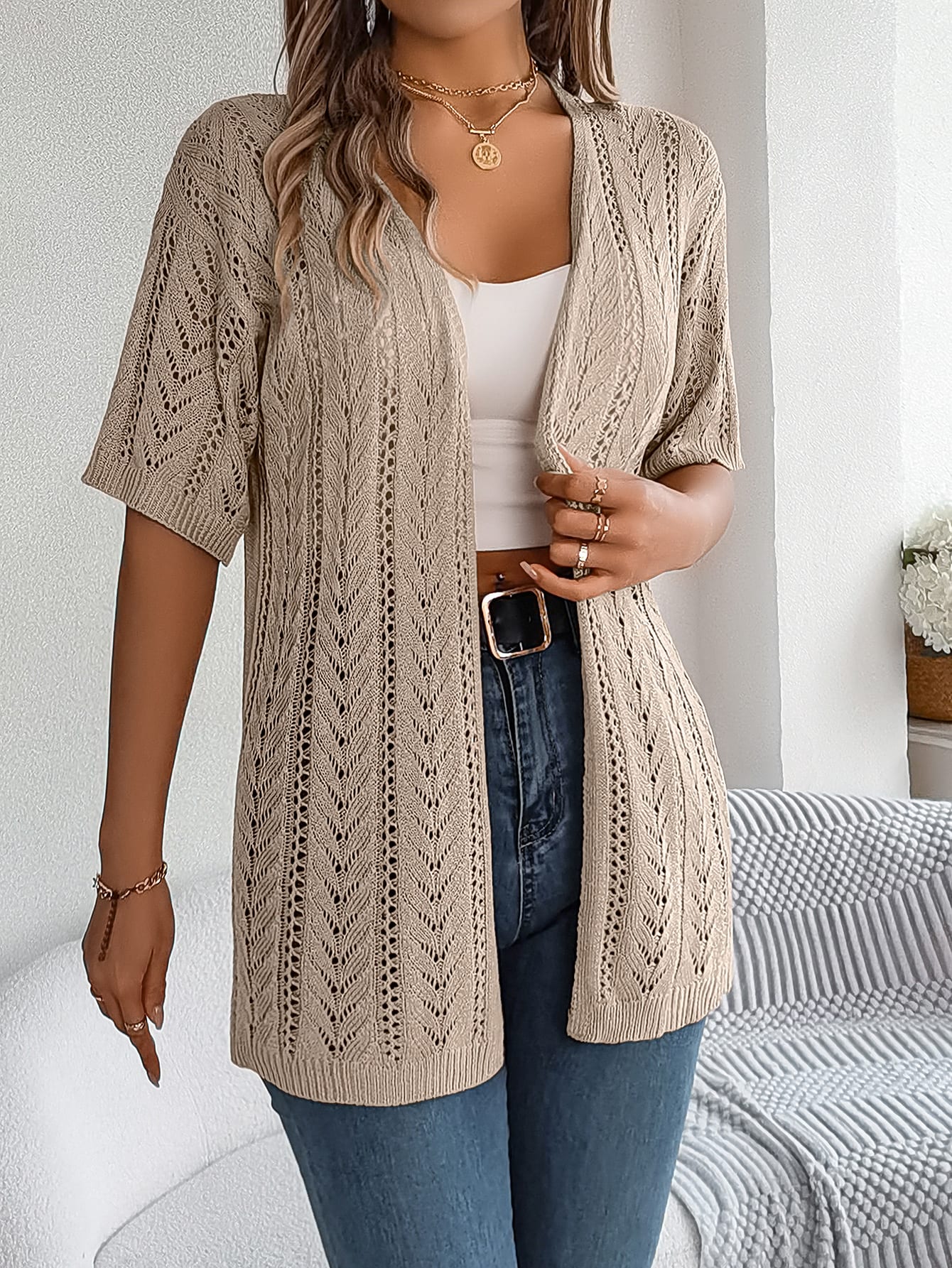 Women S Solid Color Hollow Out Short Sleeve Knit Cardigan Cover-Up view 7