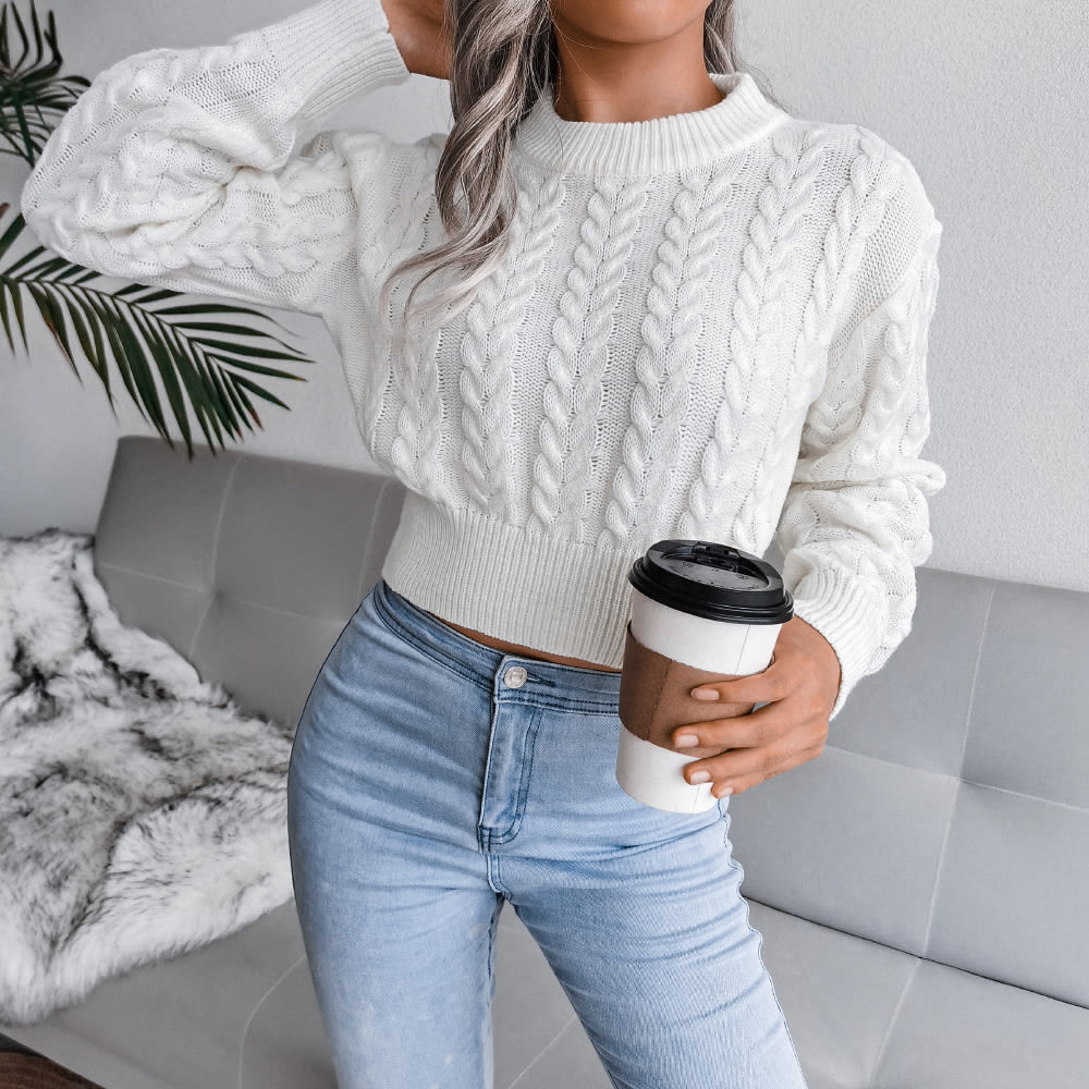 Cable Knit Waist Cinched Cropped Sweater view 10