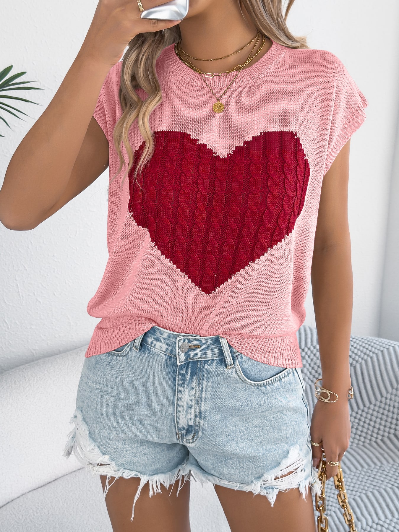 Women S Color Block Heart Loose Knit Valentine S Sweater Top view 12
