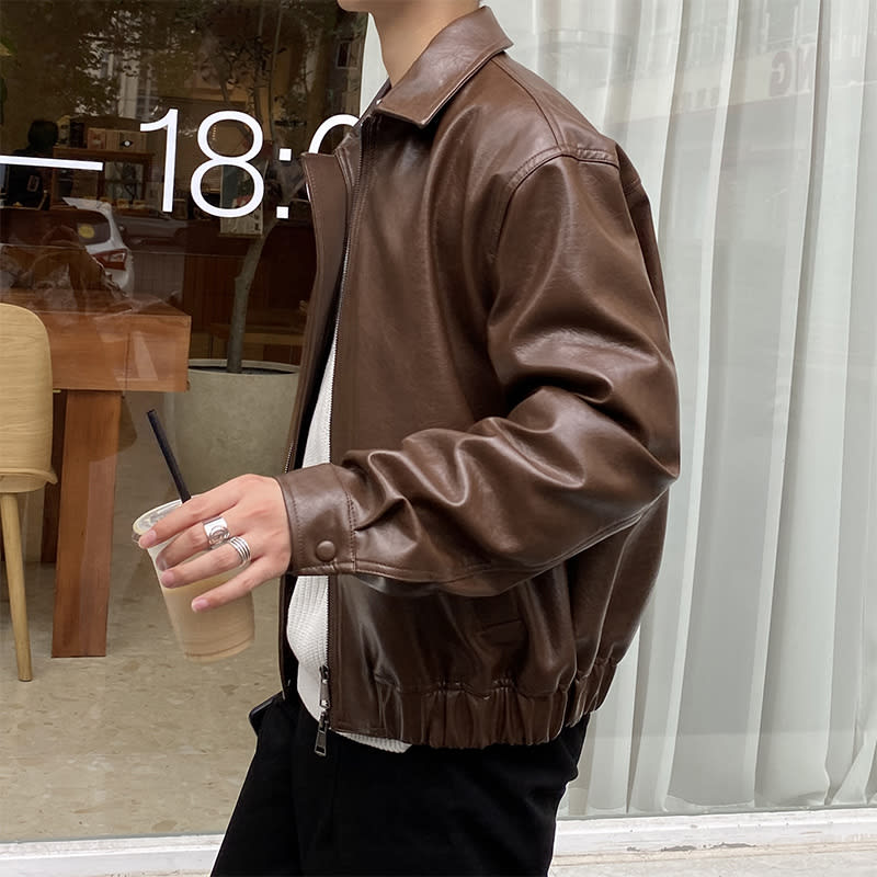 Retro Young Men's Loose Short Leather Jacket view 7