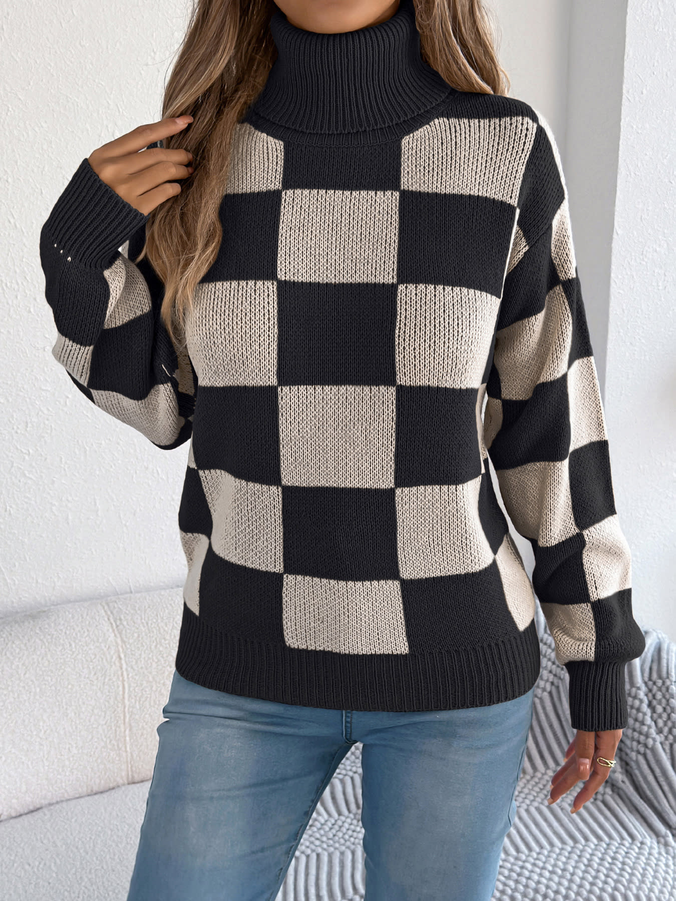 Women's High Neck Color-Blocked Plaid Lantern Sleeve Sweater view 10