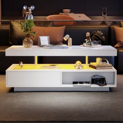 Led Coffee Table With 2 Drawer Storage, High Gloss Coffee Table For Living Room Open Storage Space Centre Table With 16-Color Led Lights,End Table For Home Office Furniture, White view 4
