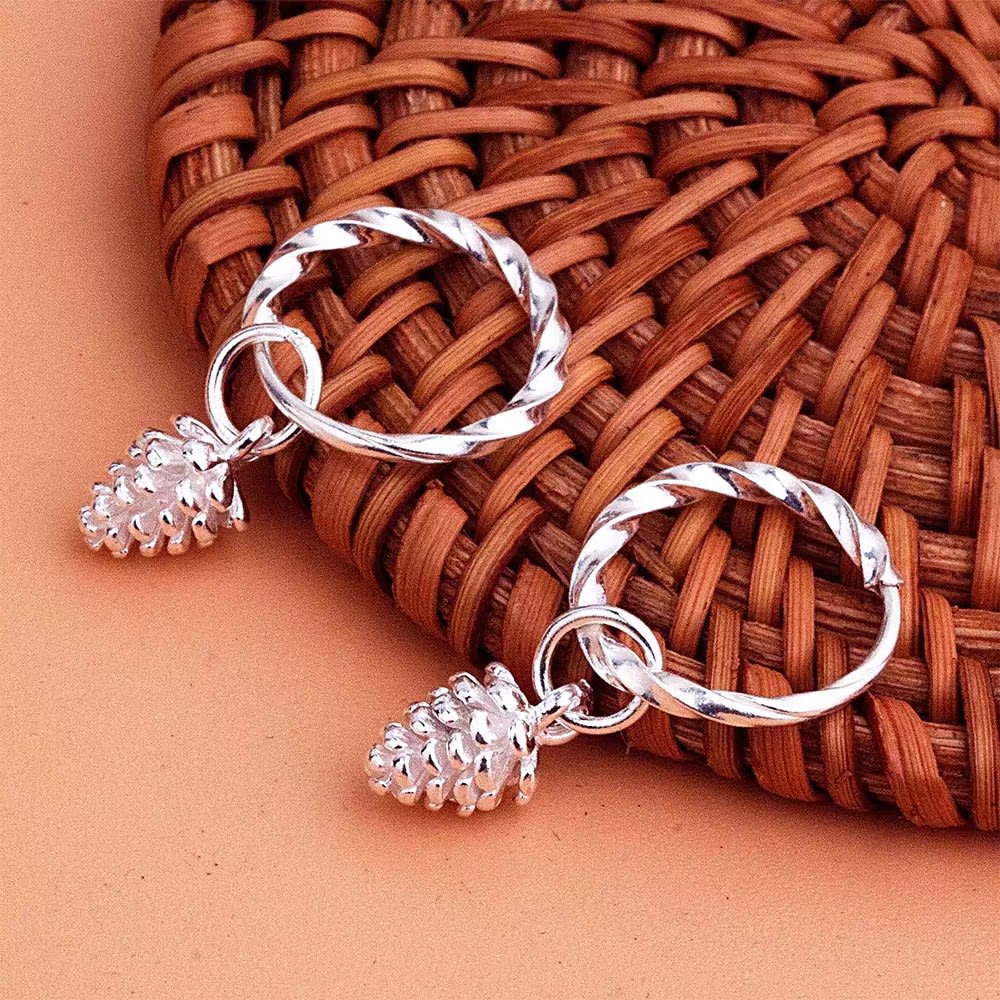 1 Pair 999 Sterling Silver Twisted Pine Cone Drop Earrings, Forest Style, Perfect For Daily Wear And Valentine's Gift view 1