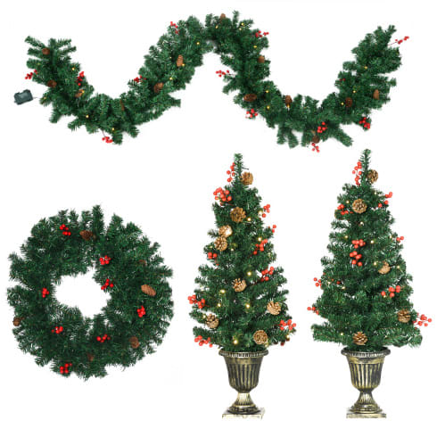 HOMCOM Prelit Holiday Christmas 4-Piece Set, Garland Wreath And Set Of 2 Entrance Trees With Warm White LED Lights, Red Berries, Pine Cones, Green view 2