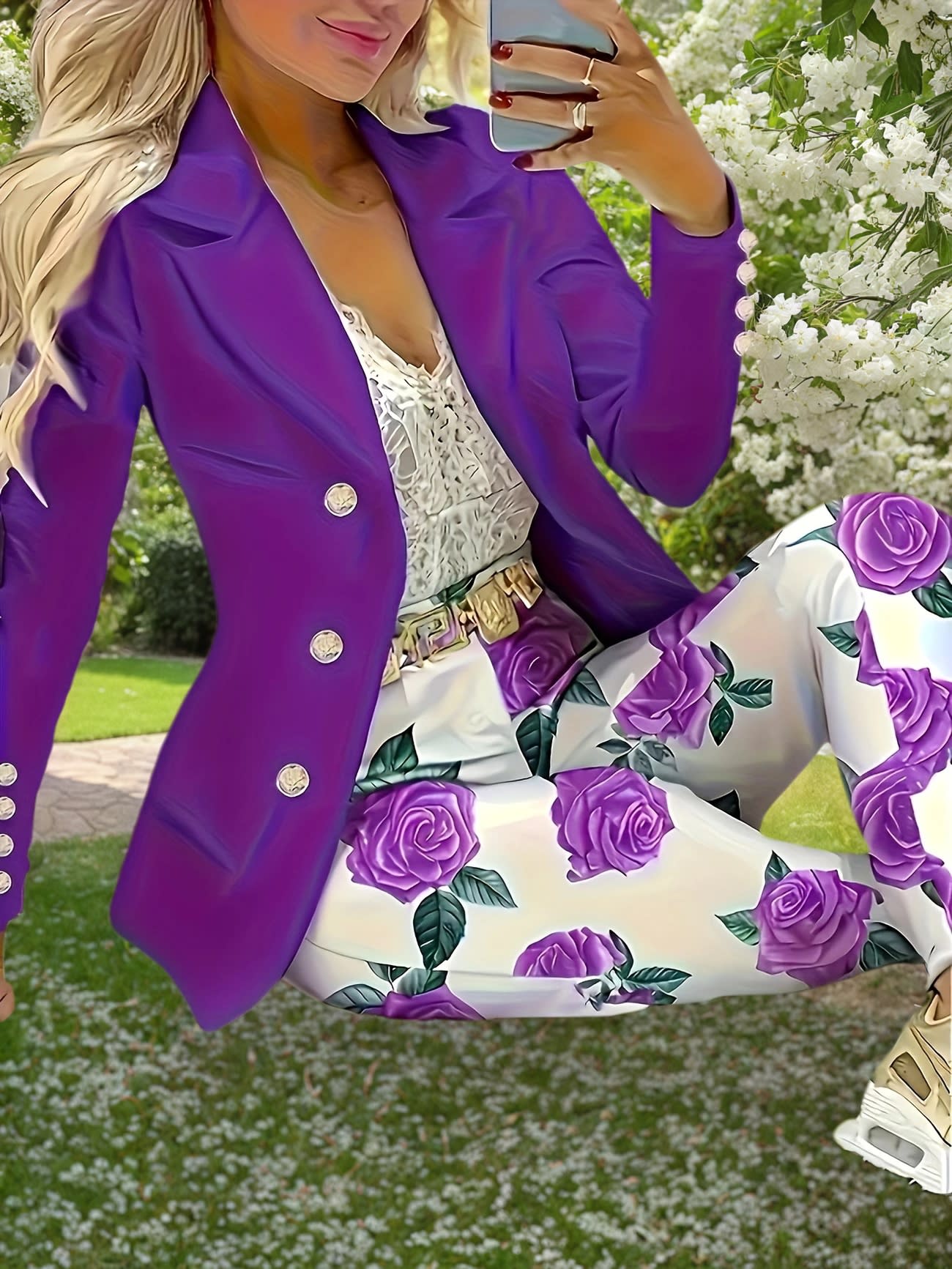 New Elegant And Fashionable Casual Floral Print Set, Double Breasted Purple Suit Jacket And Floral Print High Waisted Slim Pants, Spring And Autumn Women’s Clothing view 4
