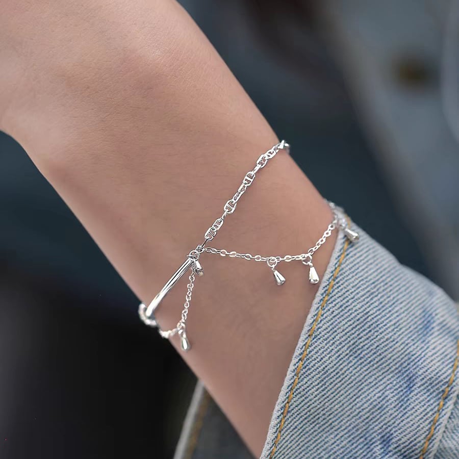 1pc 999 Sterling Silver Double-Layer Tassel Star Half-Bangle Bracelet, Trendy Style, Perfect For Daily Wear & Valentine's Gifts view 3