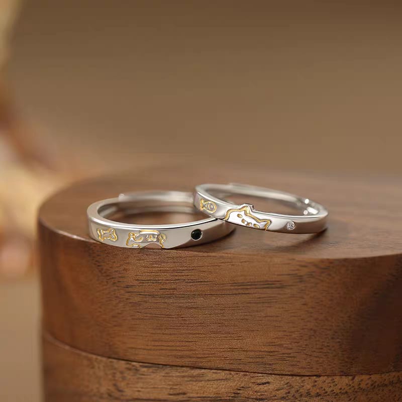 1 Pair 999 Sterling Silver Cat & Dog Couple Rings, Cute Two-Tone Design, Suitable For Daily Wear & Valentine's Gifts view 3