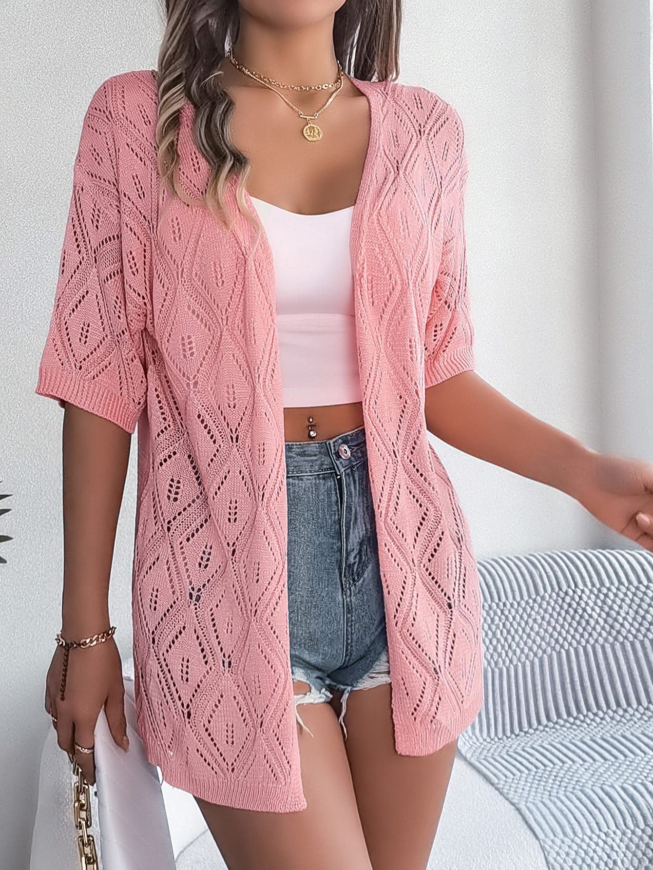 Women S Hollow Out Plaid Short Sleeve Knit Beach Cover-Up view 9