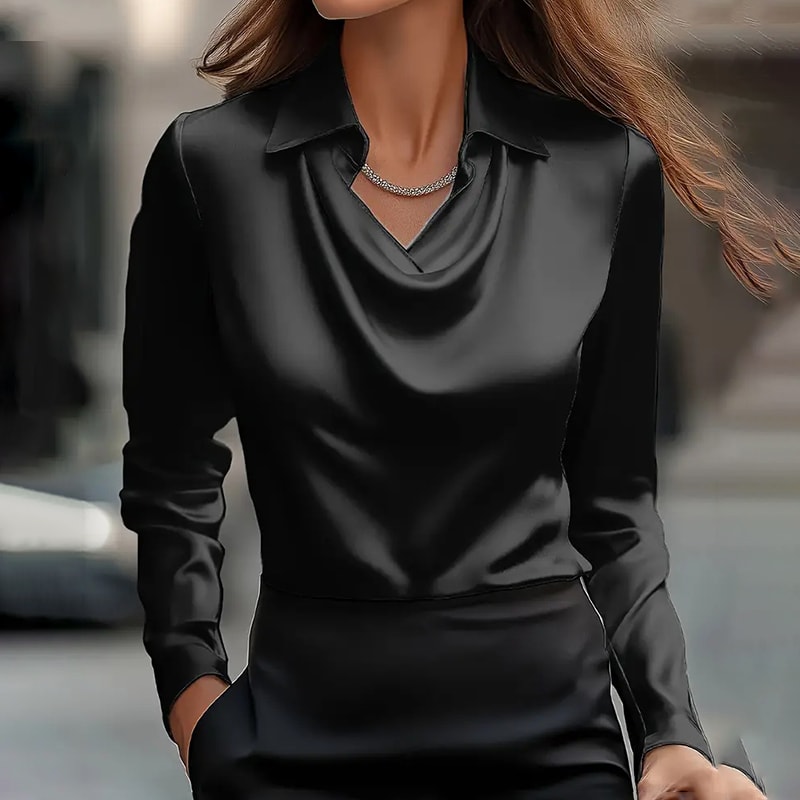 Women's Elegant Long Sleeve Blouse - Solid Color Lapel Top With Ruched Chest Detail Office & Casual Wear For Spring Fall view 25