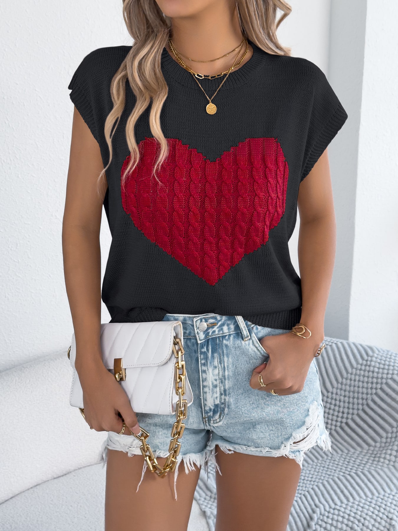 Women S Color Block Heart Loose Knit Valentine S Sweater Top view 7