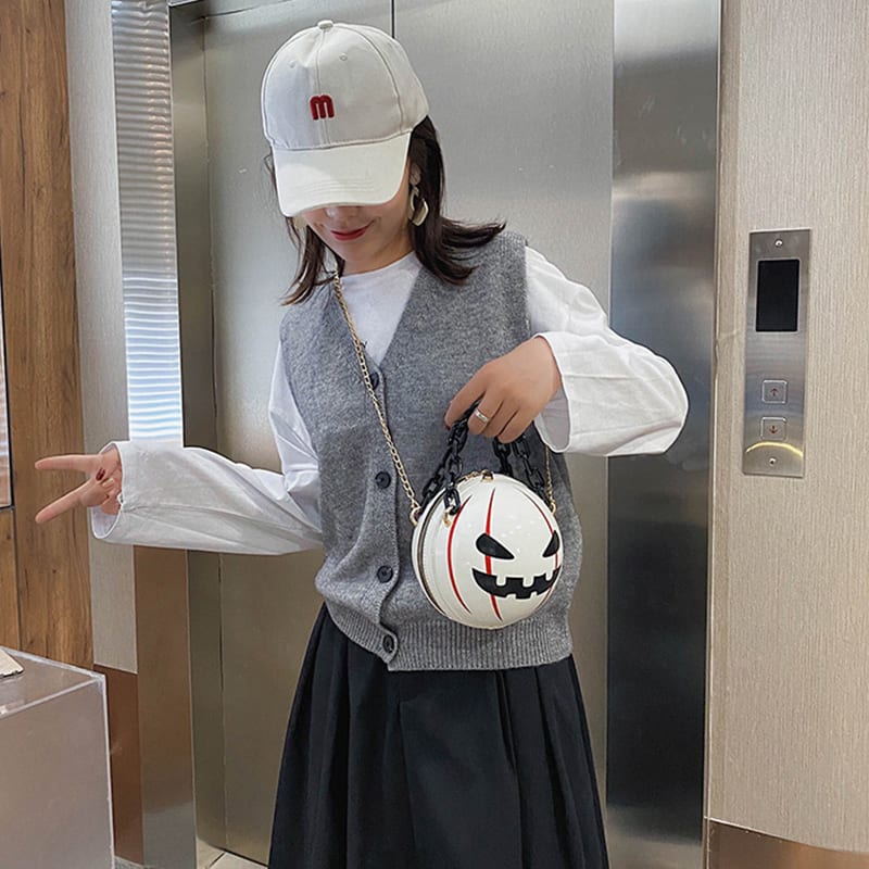 Halloween Cartoon Pumpkin Ball Handbags With Chain Personality Creative Funny Shoulder Bags For Kids Women view 3