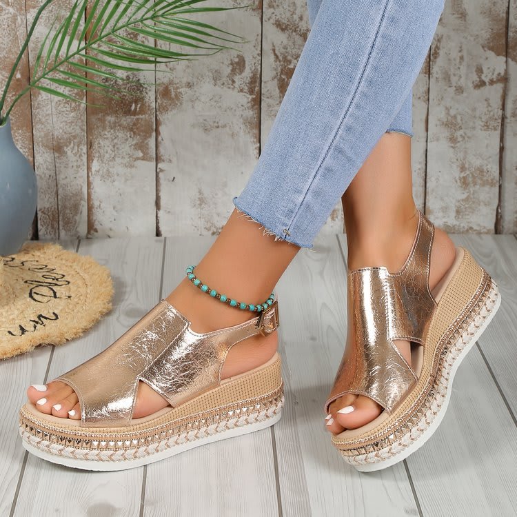 Summer Shiny Sandals Hollow Design Fish Mouth Sandal For Women Fashion Buckle Wedges Shoes view 6