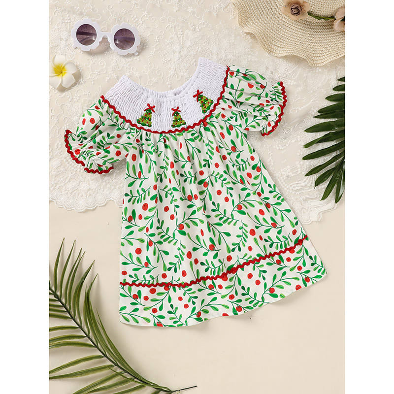 Toddler Infant Baby Girls Christmas Dress Short Sleeve Christmas Tree Embroidered Plaid Casual Party Dresses view 14
