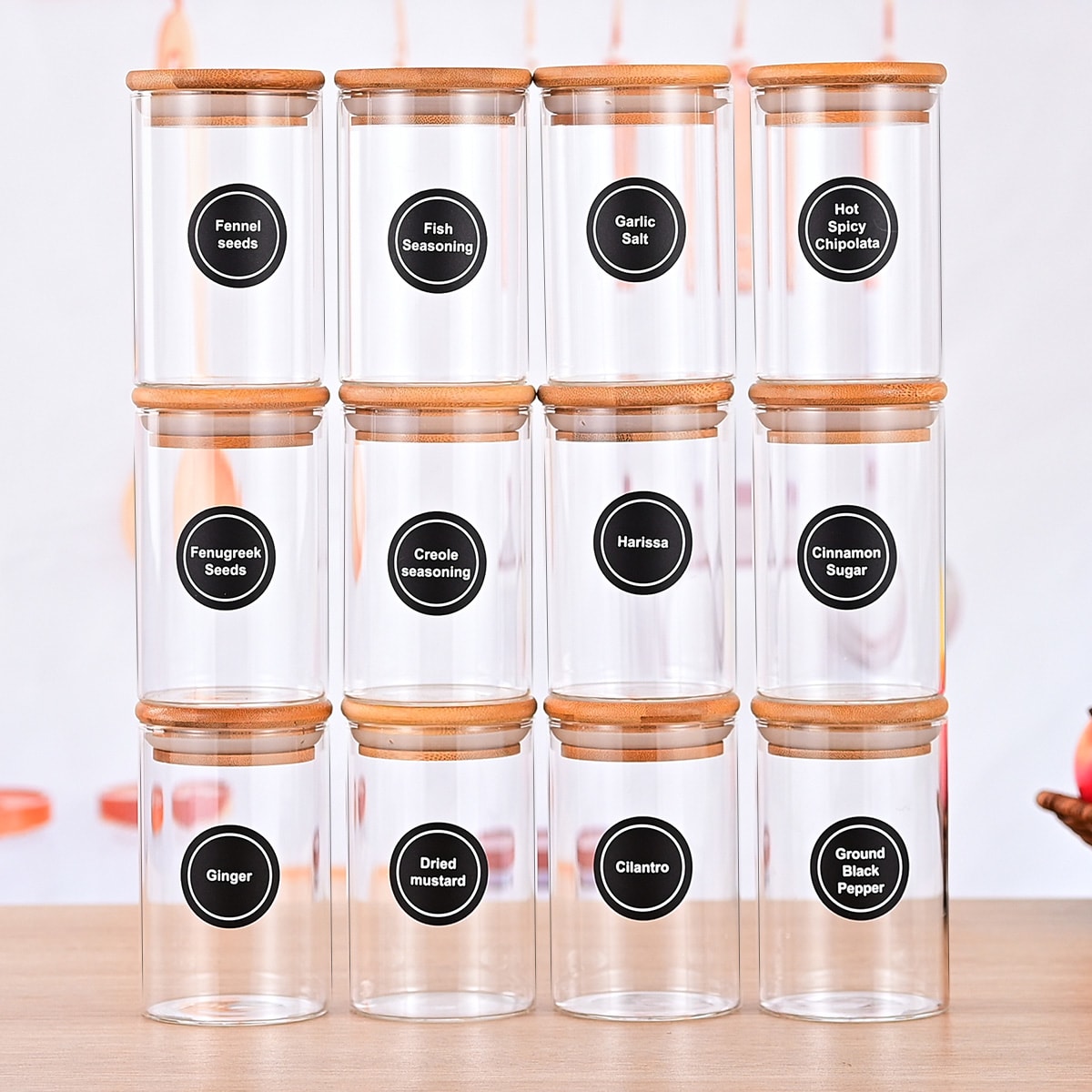 12 Pcs Round Spice Jars With Bamboo Lids And Stickers, Glass Storage Jars, Candy Jars, Coffee Jars, Salt Jars, Pepper Jars, Tea Jars view 2