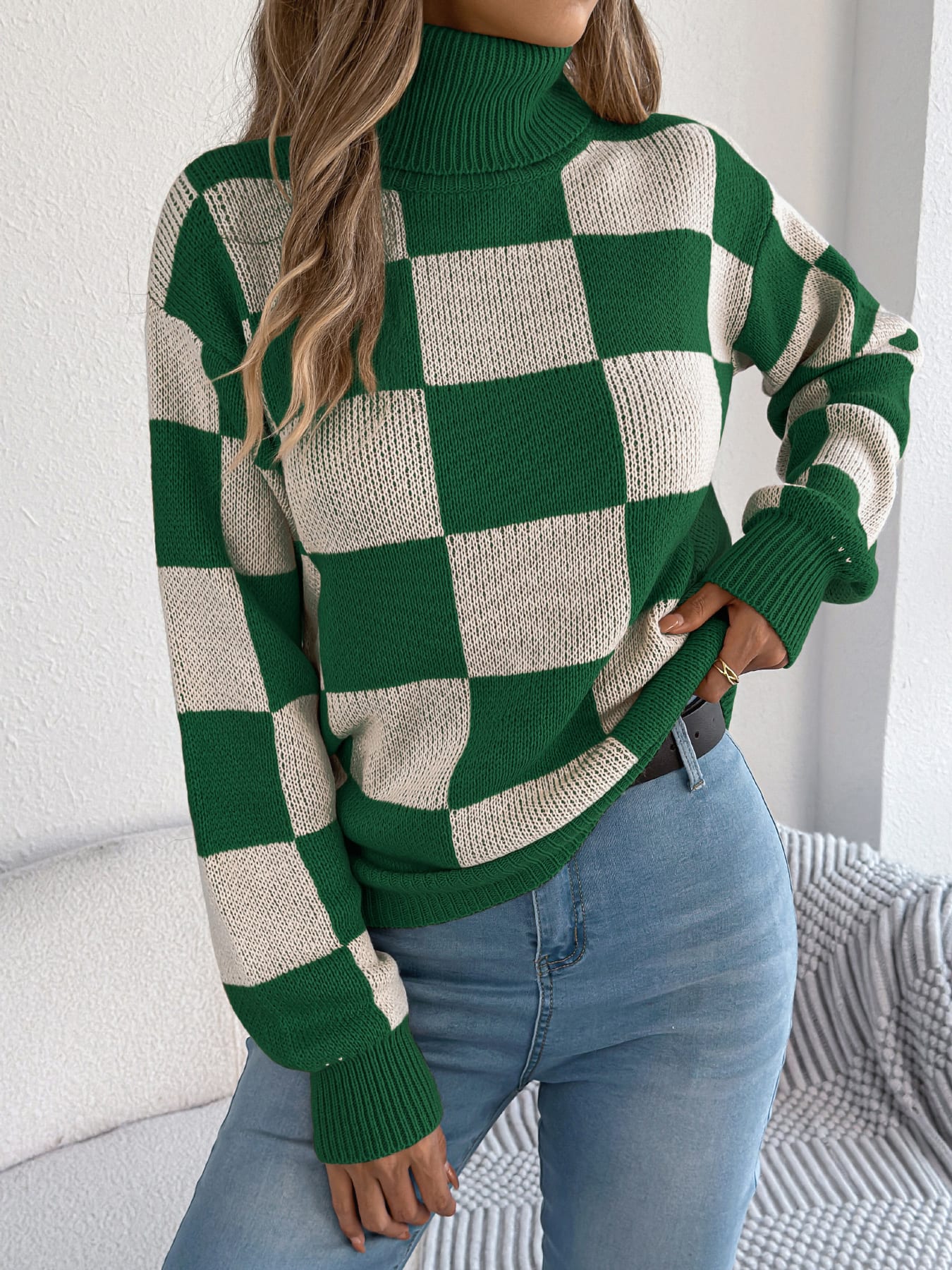 Women's High Neck Color-Blocked Plaid Lantern Sleeve Sweater view 7