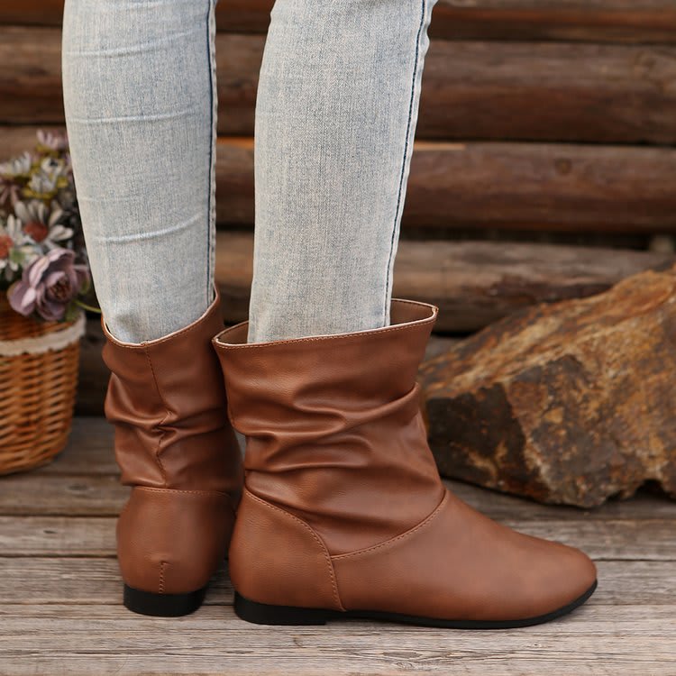 Fashion Round-toed Flat Boots Versatile Simple Slip-on Western Cowboy Boot Casual Short Shoes For Women view 4