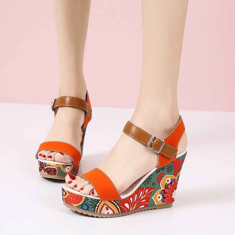 Fashion Flowers Embroidered High Wedge Sandals For Women Summer Toe Platform Buckle Shoes view 2