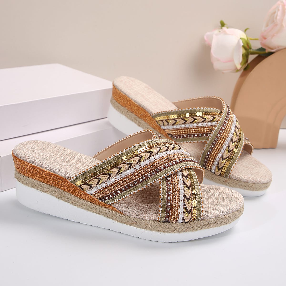 Linen Wedge Sandals Summer Ethnic Style Cross-strap Sandals For Women Non-slip Slides Beach Shoes view 2