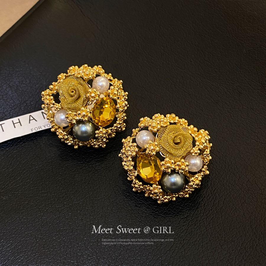 Silver Post Earrings With Classic Royal Court Style. Exquisite Flower Design Decorated With Diamonds And Pearls, Luxury, Unique And High-end For Daily Wear. view 10