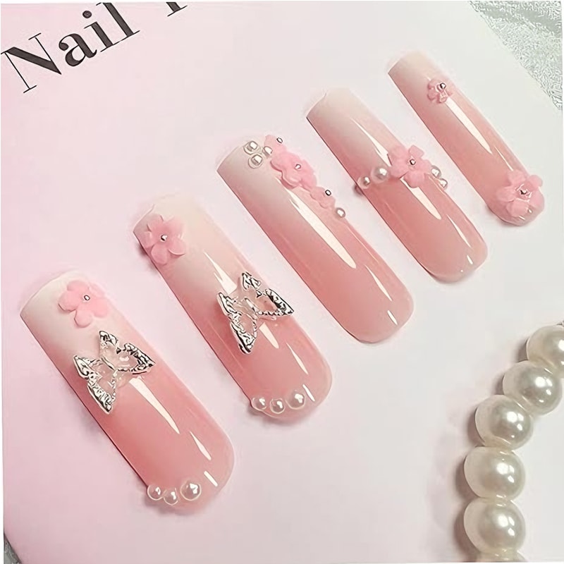 24 PCS Flower Diamond Butterfly Nail Art, Long Length Long Water Pipe Fake Nails,Square Head Nail Tips False Nail view 5