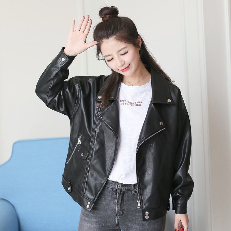 European And American Slim Student Locomotive Loose Boyfriend Style Leather Jacket view 5