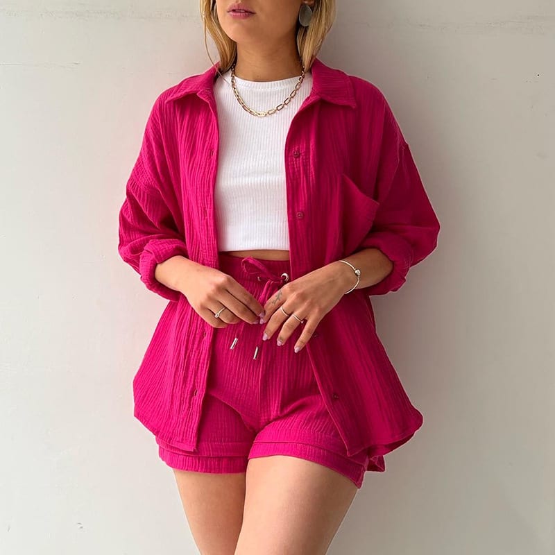 Women's Wrinkled Fabric Lapel Long Sleeved Shirt Shorts Fashion Casual Set view 22