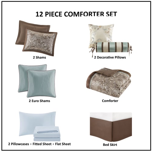 12 Piece Comforter Set With Cotton Bed Sheets Blue Brown Full view 9