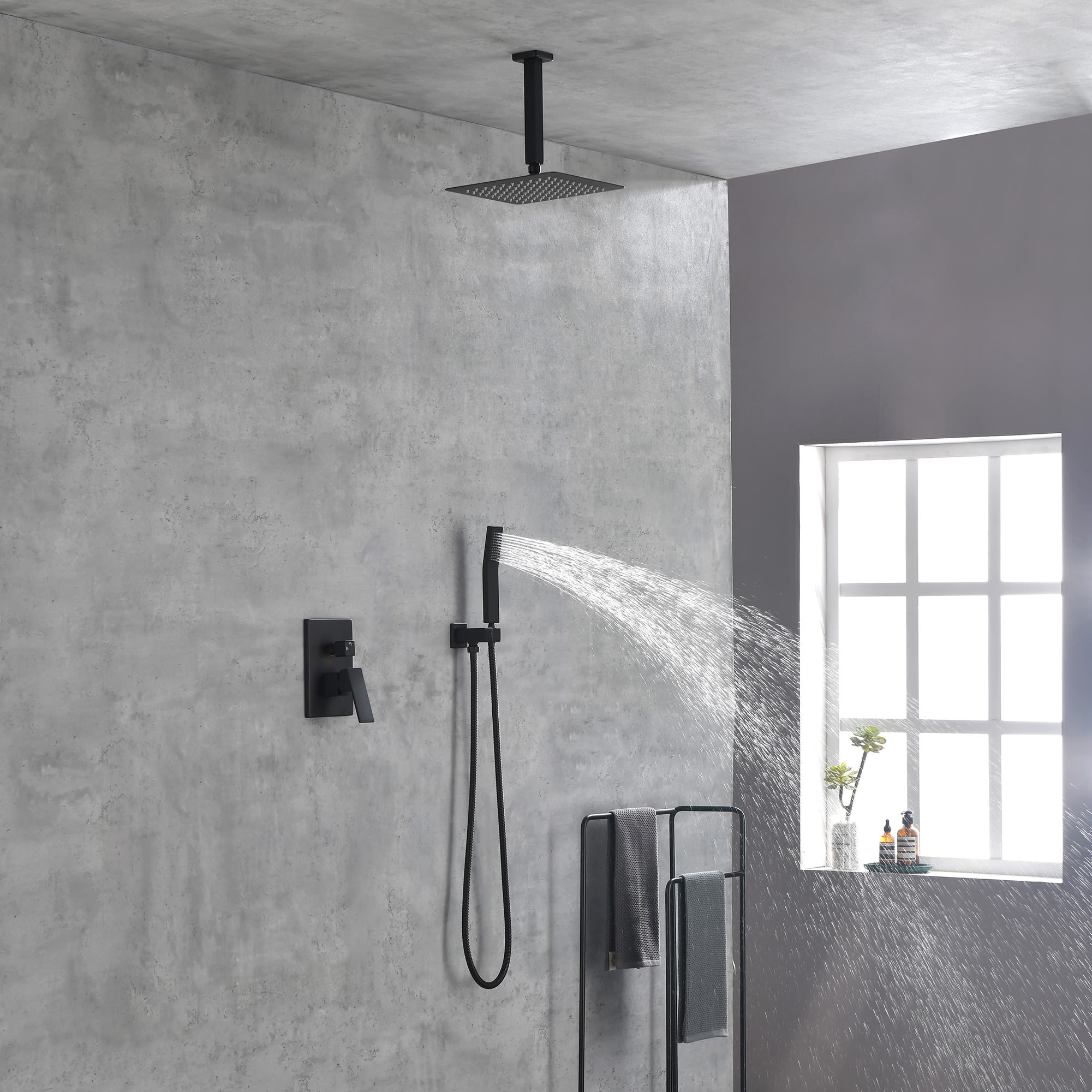 Matte Black Shower Set System Bathroom Luxury Rain Shower Combination Set Ceiling Mounted Showerhead Showerhead Faucet view 7