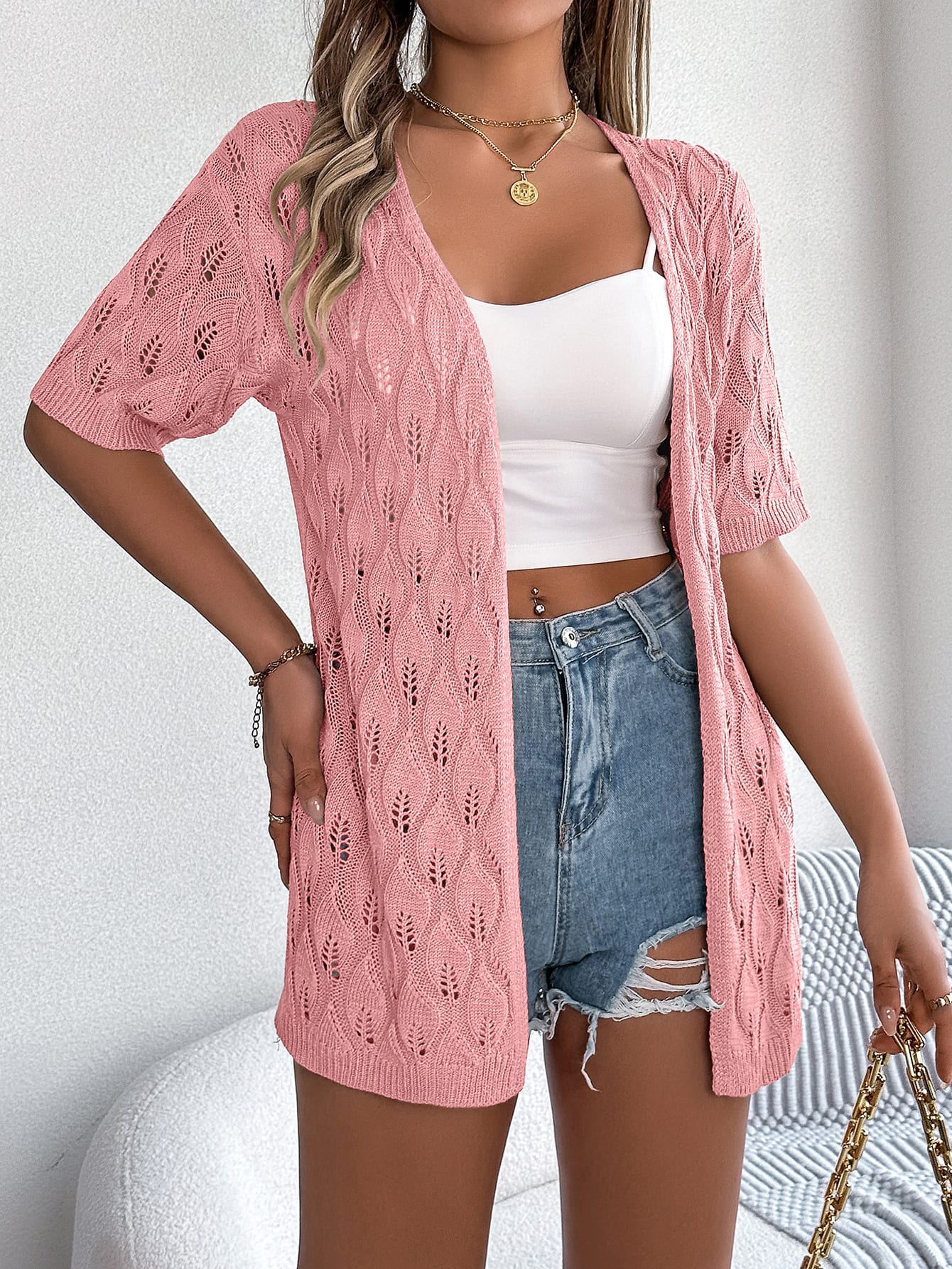 Women S Leaf Hollow Out Short Sleeve Knit Cardigan Vacation Cover-Up view 8