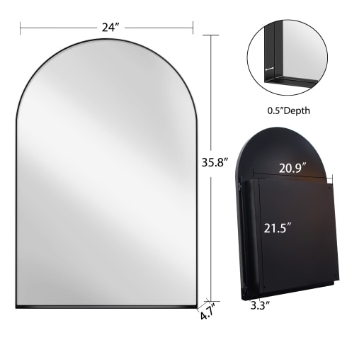 24x36 Inch Arched Recessed Medicine Cabinet, Metal Framed Bathroom Wall Cabinet With Mirror And Adjustable Shelves, Wall Mirror With Storage For Bathroom, Matte Black view 5
