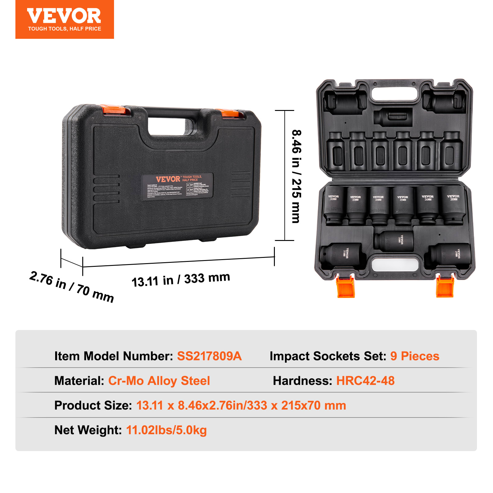 VEVOR Drive Impact Socket Set, 9 Piece Deep Socket Set Metric 29-38mm, 6 Point Cr-Mo Alloy Steel For Auto Repair, Easy-to-Read Size Markings, Rugged Construction, Includes Storage Case view 4