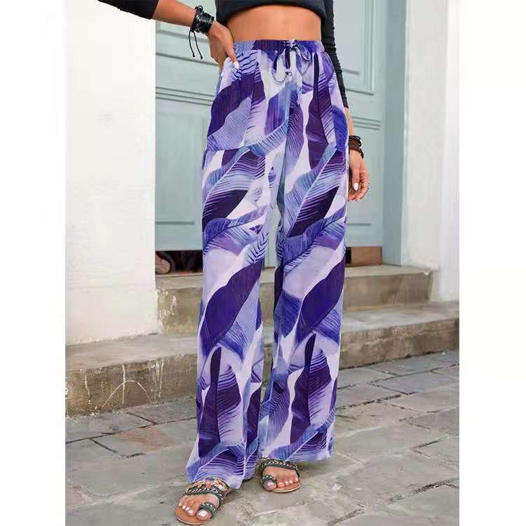 Fashion Drawstring Leaf Print Beach Pants Summer Casual Loose Wide Leg Straight Trousers Womens Clothing view 1