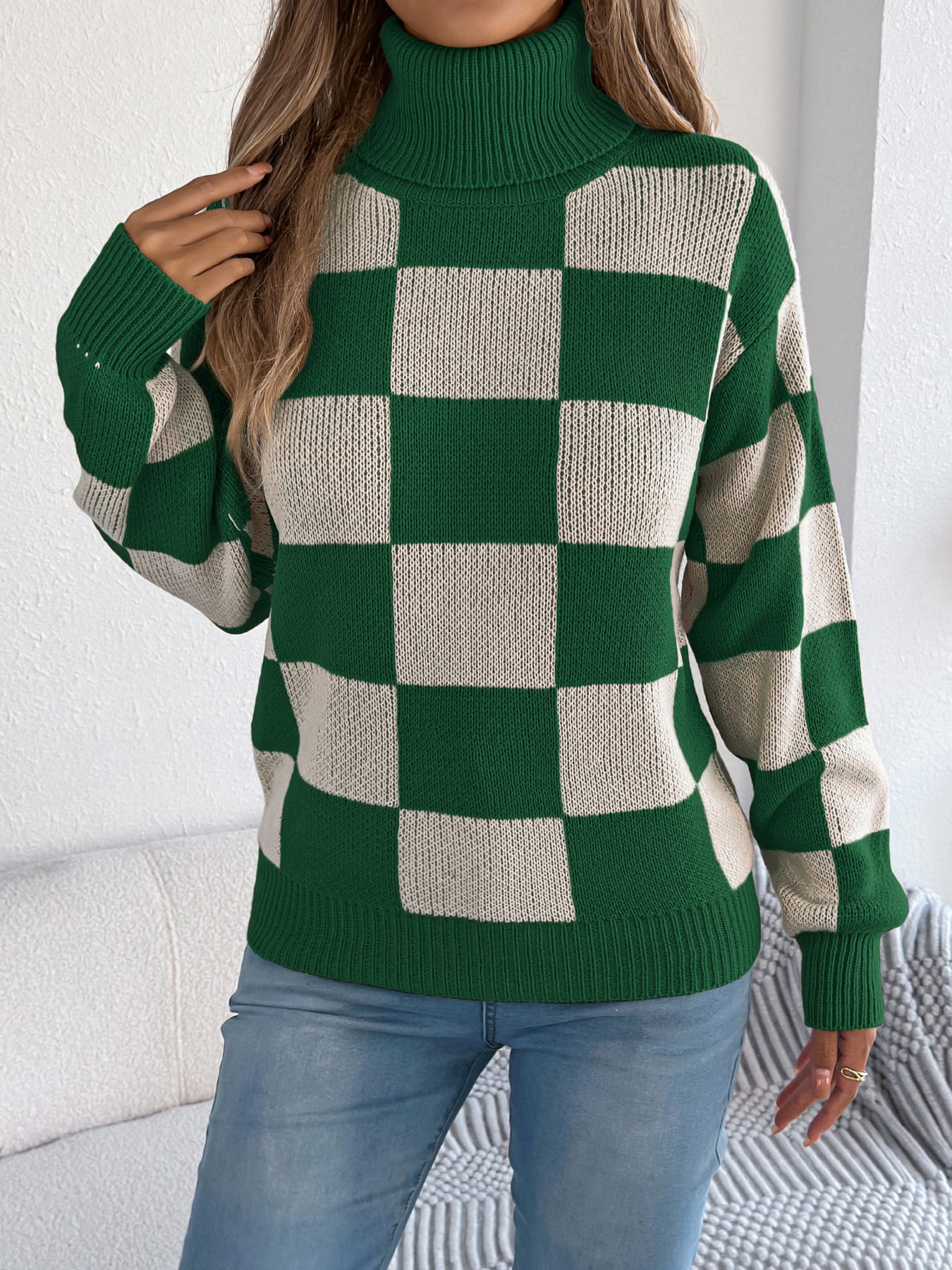 Women's High Neck Color-Blocked Plaid Lantern Sleeve Sweater view 9