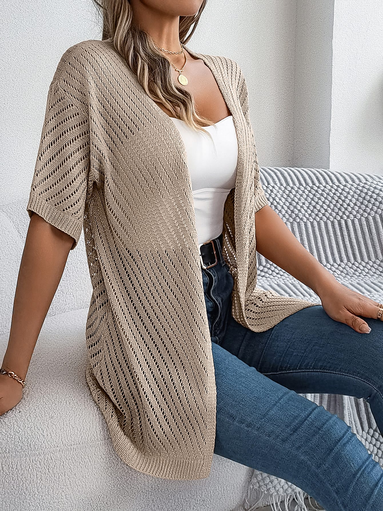 Women S Vertical Stripe Hollow Out Short Sleeve Knit Cardigan Cover-Up view 6